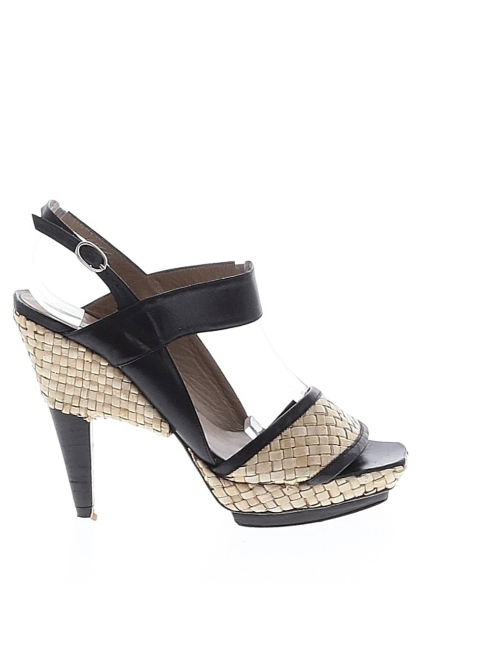 Pura Lopez Mixed Media Statement Heels - Black Leather & Woven Raffia - EU 38
